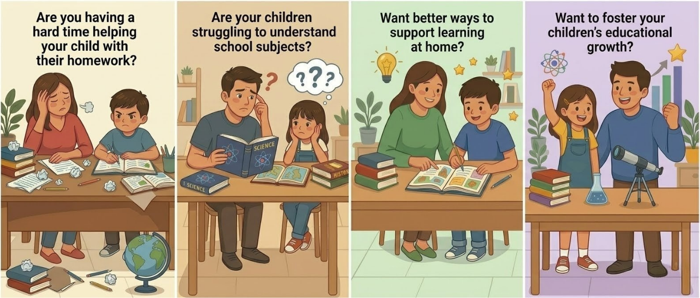 Four panels showing parents and children moving from homework stress to stronger learning support.