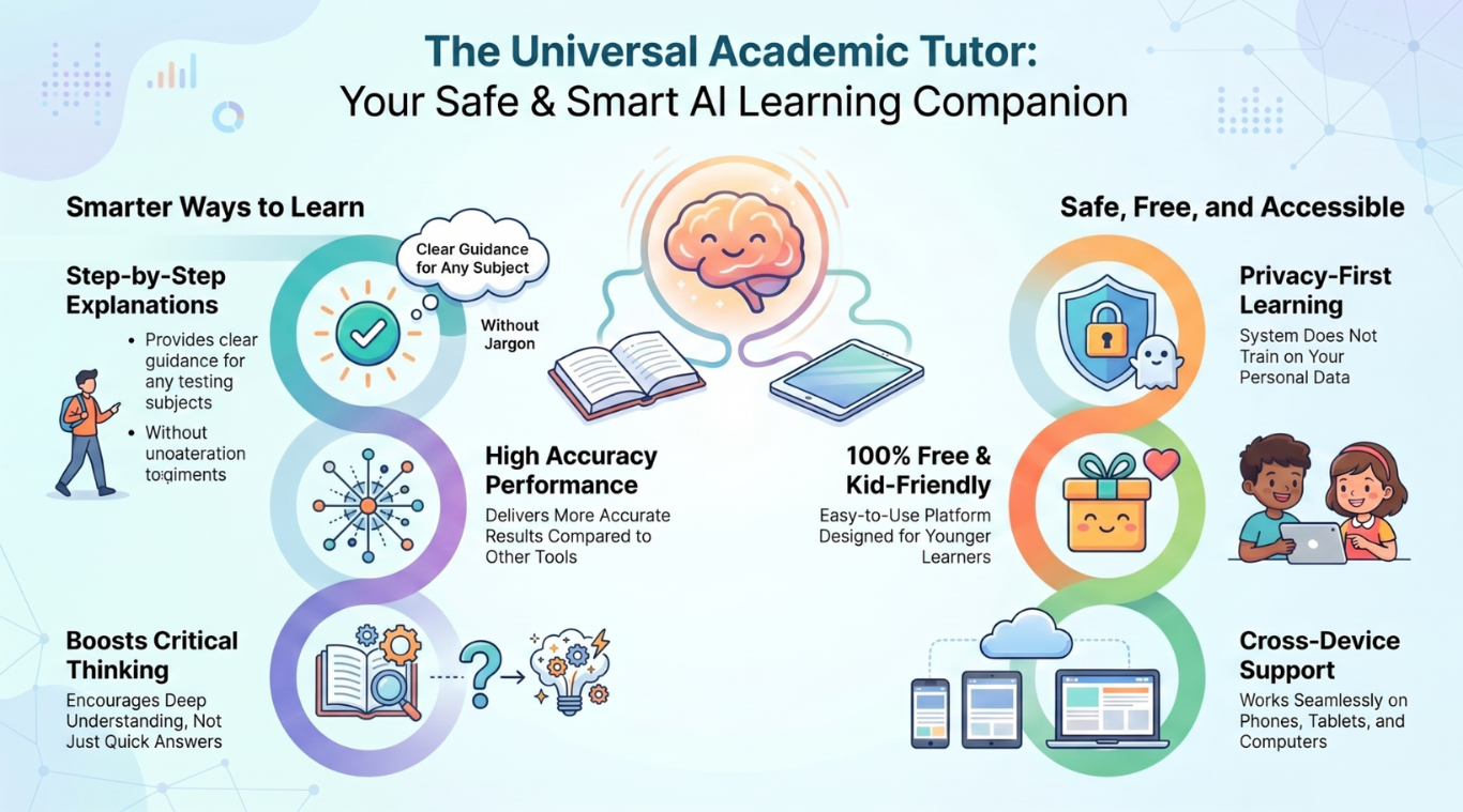The Universal Academic Tutor infographic showing smarter ways to learn, privacy-first learning, kid-friendly support, and cross-device support.